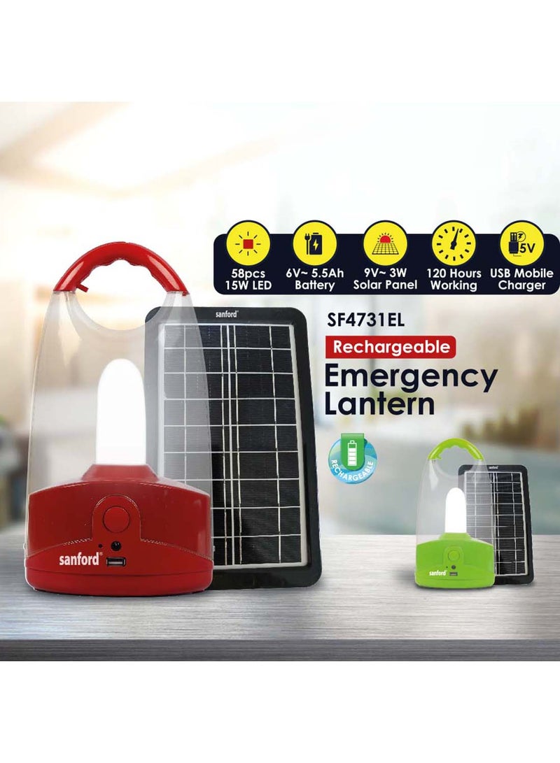 Rechargeable Emergency Lantern 2-in-1 Combo With Solar panel, Power bank function & 15W High Bright SMD LED Green