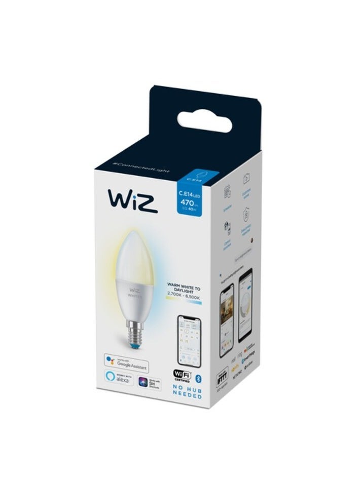 WiZ Smart Bulb Candle LED White C37 E14 470lm Wi-Fi ( Compatible With Google Assistant, Alexa & Siri)- 3 White Bulbs Bundle,