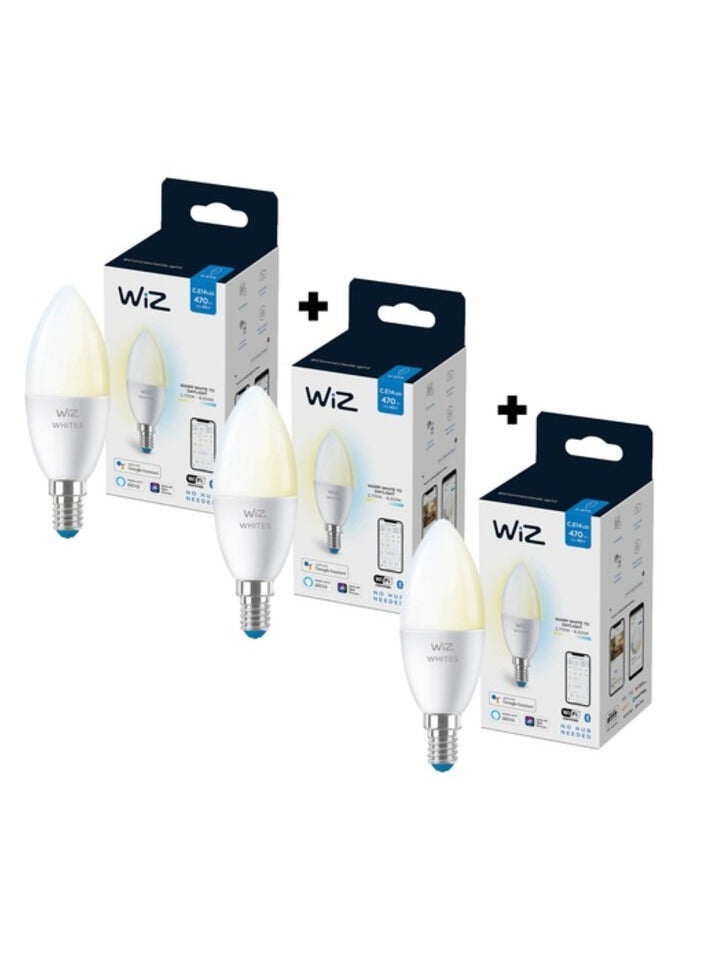 WiZ Smart Bulb Candle LED White C37 E14 470lm Wi-Fi ( Compatible With Google Assistant, Alexa & Siri)- 3 White Bulbs Bundle,