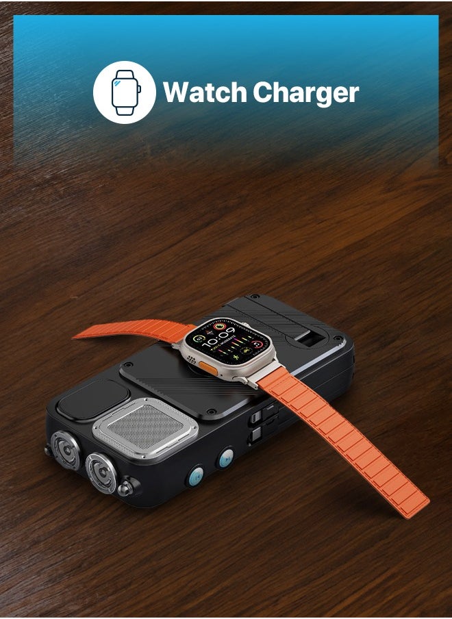16000 mAh PowerBank 16000mAh with FM Radio/ Solar Wireless Charging / Hand Crank Generator / Watch Wireless Charger / LED Light / Digital Clock / Integrated Cable/ Speaker /20W PD Camping Powerbank - Black