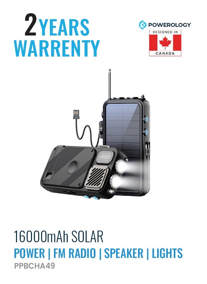 16000 mAh PowerBank 16000mAh with FM Radio/ Solar Wireless Charging / Hand Crank Generator / Watch Wireless Charger / LED Light / Digital Clock / Integrated Cable/ Speaker /20W PD Camping Powerbank - Black