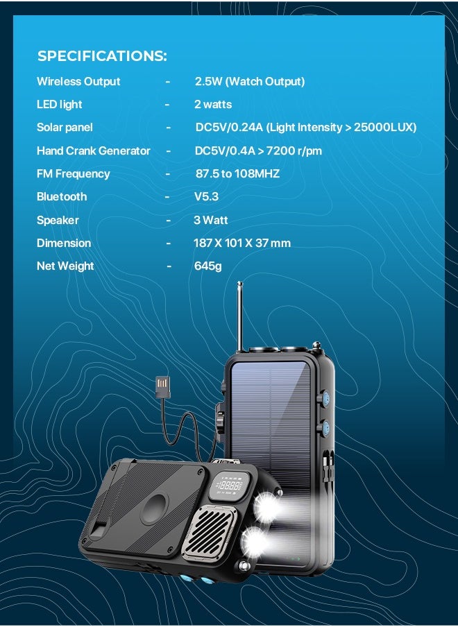 16000 mAh PowerBank 16000mAh with FM Radio/ Solar Wireless Charging / Hand Crank Generator / Watch Wireless Charger / LED Light / Digital Clock / Integrated Cable/ Speaker /20W PD Camping Powerbank - Black