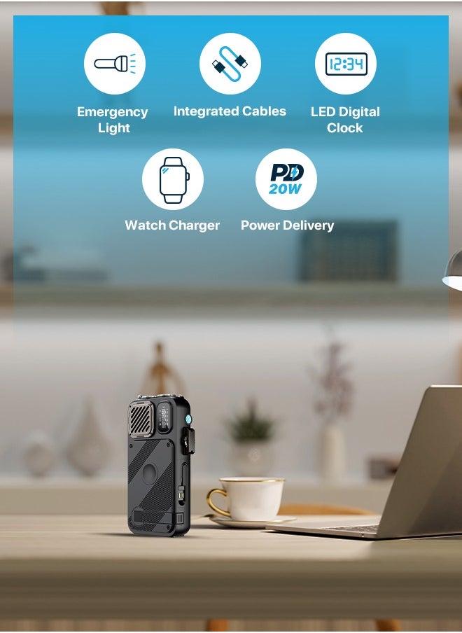 16000 mAh PowerBank 16000mAh with FM Radio/ Solar Wireless Charging / Hand Crank Generator / Watch Wireless Charger / LED Light / Digital Clock / Integrated Cable/ Speaker /20W PD Camping Powerbank - Black