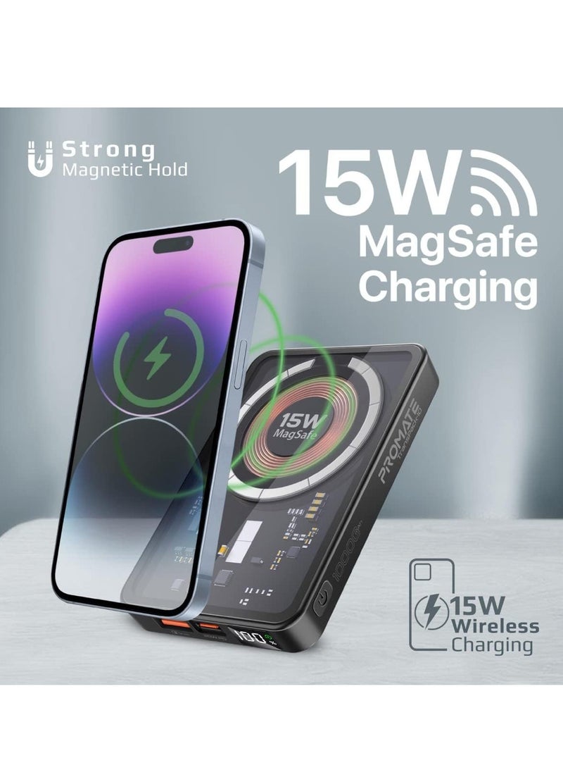 iPhone 15 Magnetic Wireless Power Bank, 10000mAh Transparent Battery Pack with 15W Wireless Charging, 20W USB-C PD & 22.5W QC 3.0, LCD Display – TransPack-10 (Black)