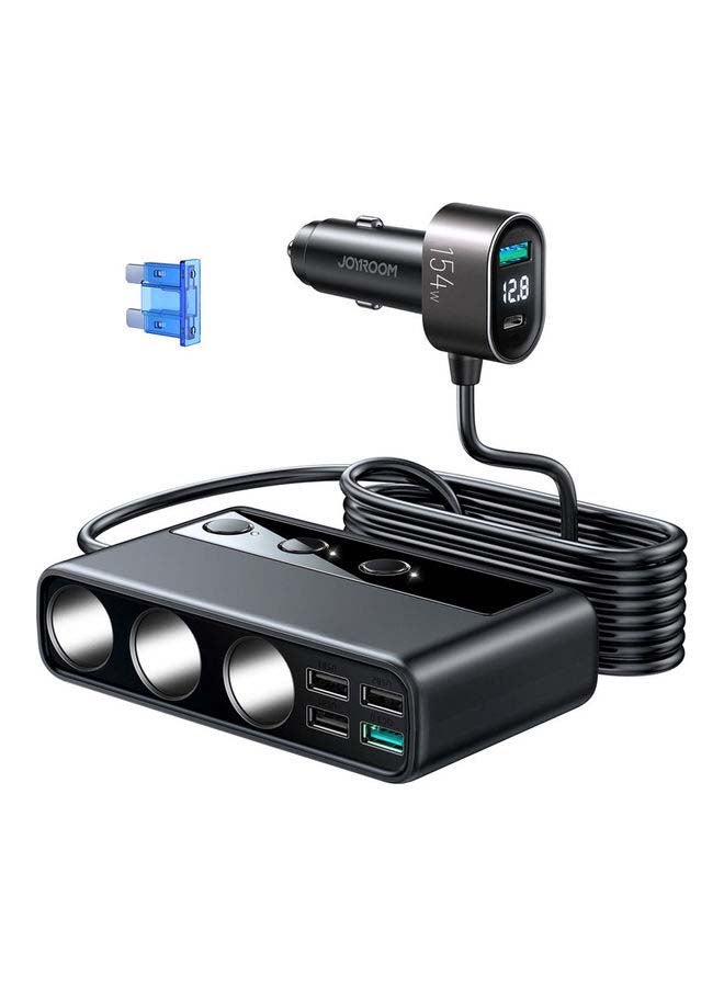 154W 3 in 1 Car Charger With 5 USB Ports 1 Type-C Cigarette Lighter Black