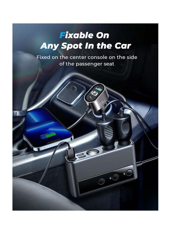 154W 3 in 1 Car Charger With 5 USB Ports 1 Type-C Cigarette Lighter Black