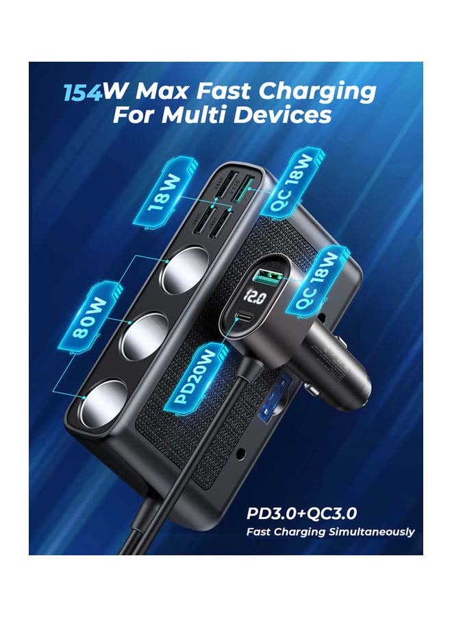 154W 3 in 1 Car Charger With 5 USB Ports 1 Type-C Cigarette Lighter Black