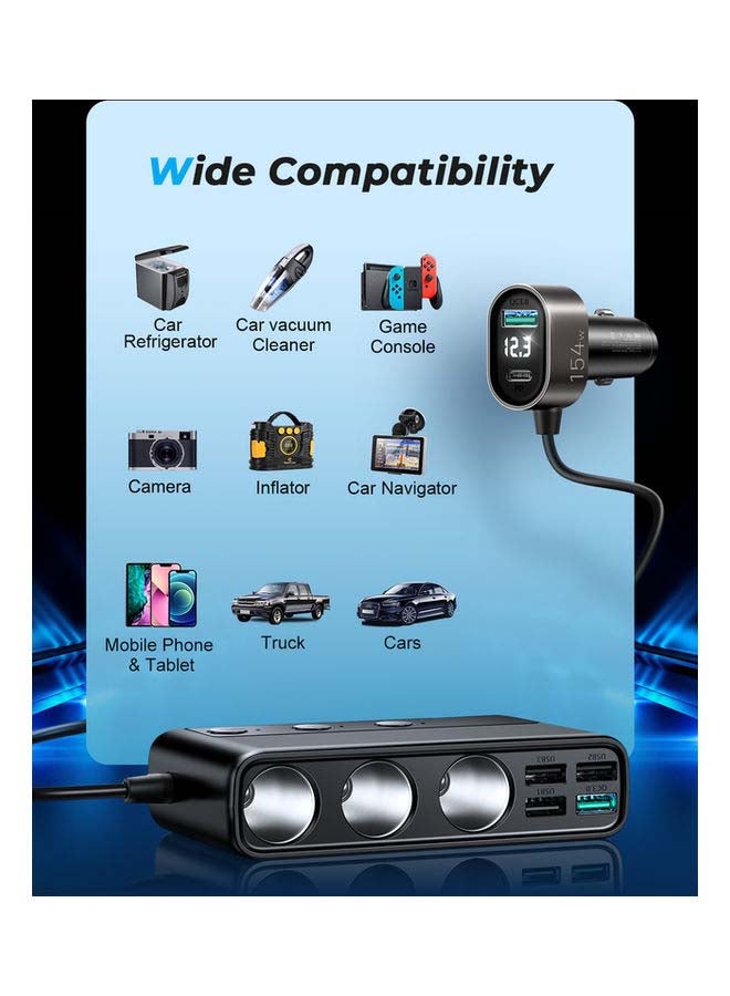 154W 3 in 1 Car Charger With 5 USB Ports 1 Type-C Cigarette Lighter Black