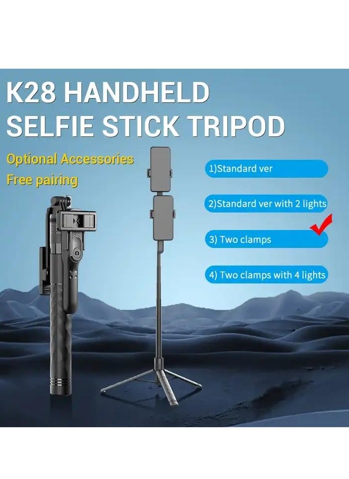 K28 Selfie Stick with Tripod & Detachable Remote – Mobile Holder, GoPro, Camera, Ring Light Compatible, Handheld Stabilizer & Strong Clamps