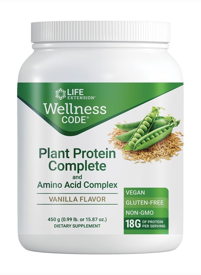 Wellness Code® Plant Protein Complete & Amino Acid Complex (Vanilla), Plant-Based Protein Powder Plus branched-Chain Amino acids, Gluten-Free, Non-GMO, Vegetarian, 450 Grams