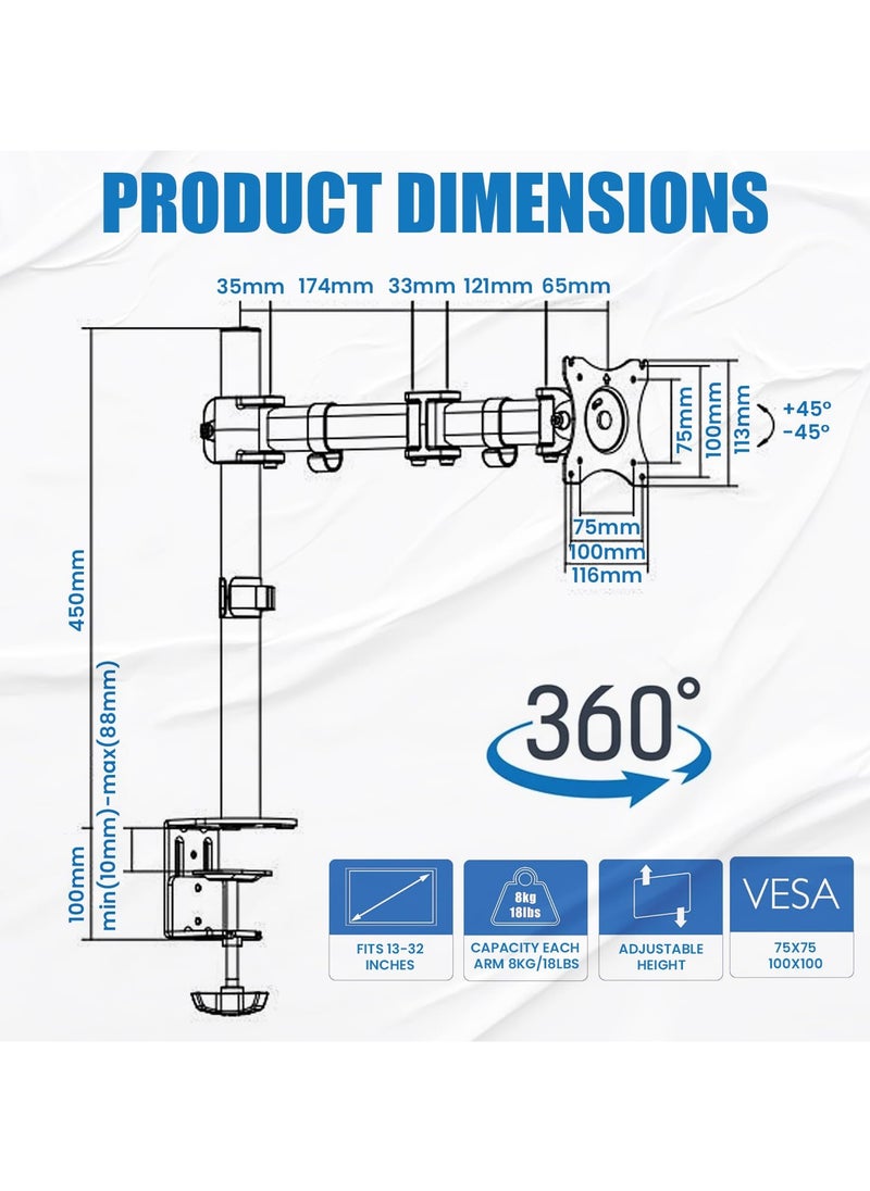 Premium Single Monitor Arm Vesa Mount - Adjustable Gas Spring Vesa Monitor Stand - Single Monitor Mount Desk with C-clamp Mounting Base Support up to 13-32 inches and 8 kg Screen
