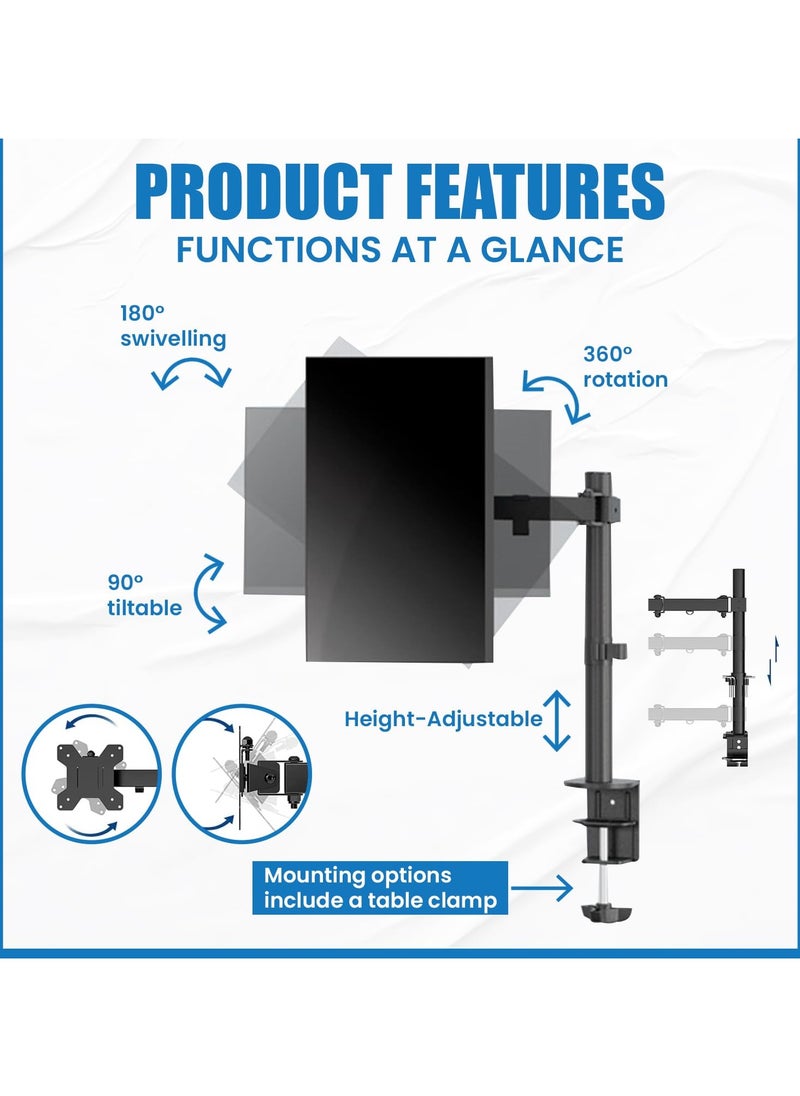 Premium Single Monitor Arm Vesa Mount - Adjustable Gas Spring Vesa Monitor Stand - Single Monitor Mount Desk with C-clamp Mounting Base Support up to 13-32 inches and 8 kg Screen