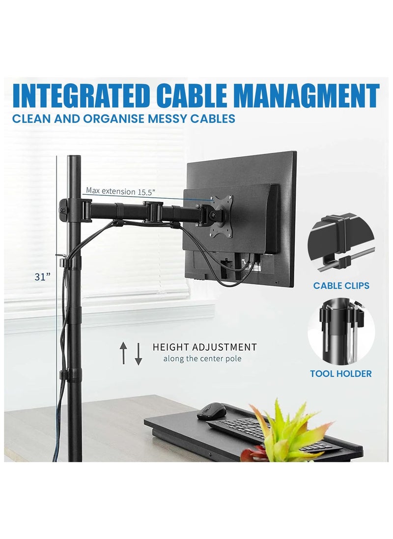 Premium Single Monitor Arm Vesa Mount - Adjustable Gas Spring Vesa Monitor Stand - Single Monitor Mount Desk with C-clamp Mounting Base Support up to 13-32 inches and 8 kg Screen