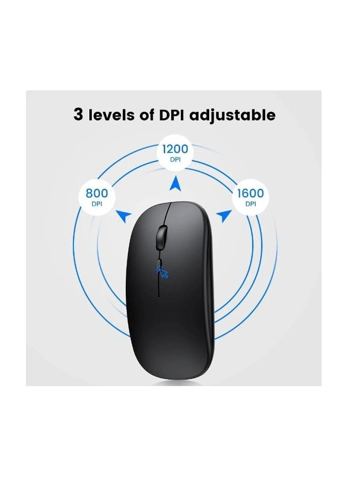 Dual-Mode Wireless Mouse Bluetooth 5.0 & USB 2.4G, Silent Noiseless Slim Design for Laptop, 4 Adjustable DPI Levels Compatible With Mackbook HP Acer Lenovo Thinkpad Elegant Black