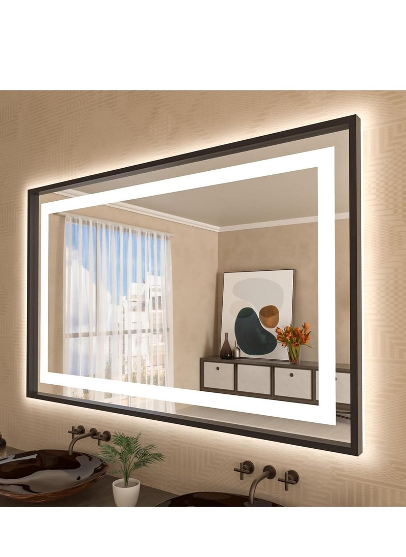 Framed LED Bathroom Mirror Dimmable Anti Fog Large Lighted Bathroom Mirrors - Wall Mounted Front Lit LED Vanity Mirror Gold Frame 3 LED Lights Mirror