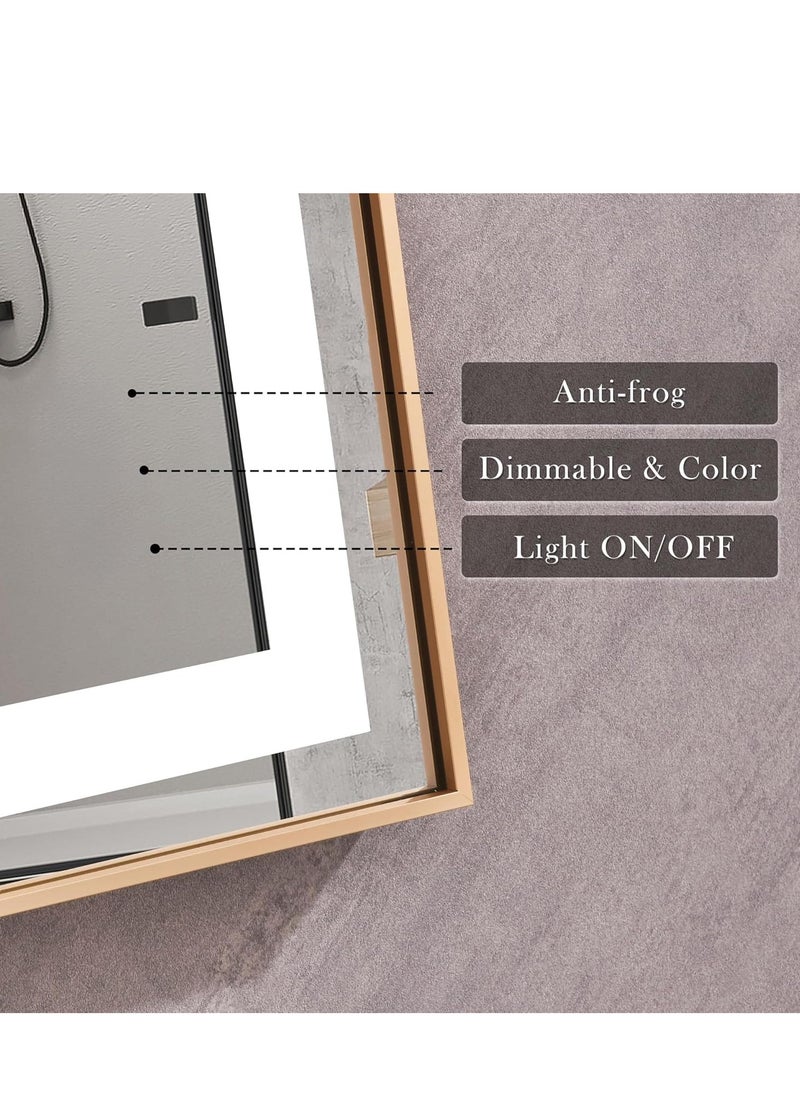 Framed LED Bathroom Mirror Dimmable Anti Fog Large Lighted Bathroom Mirrors - Wall Mounted Front Lit LED Vanity Mirror Gold Frame 3 LED Lights Mirror