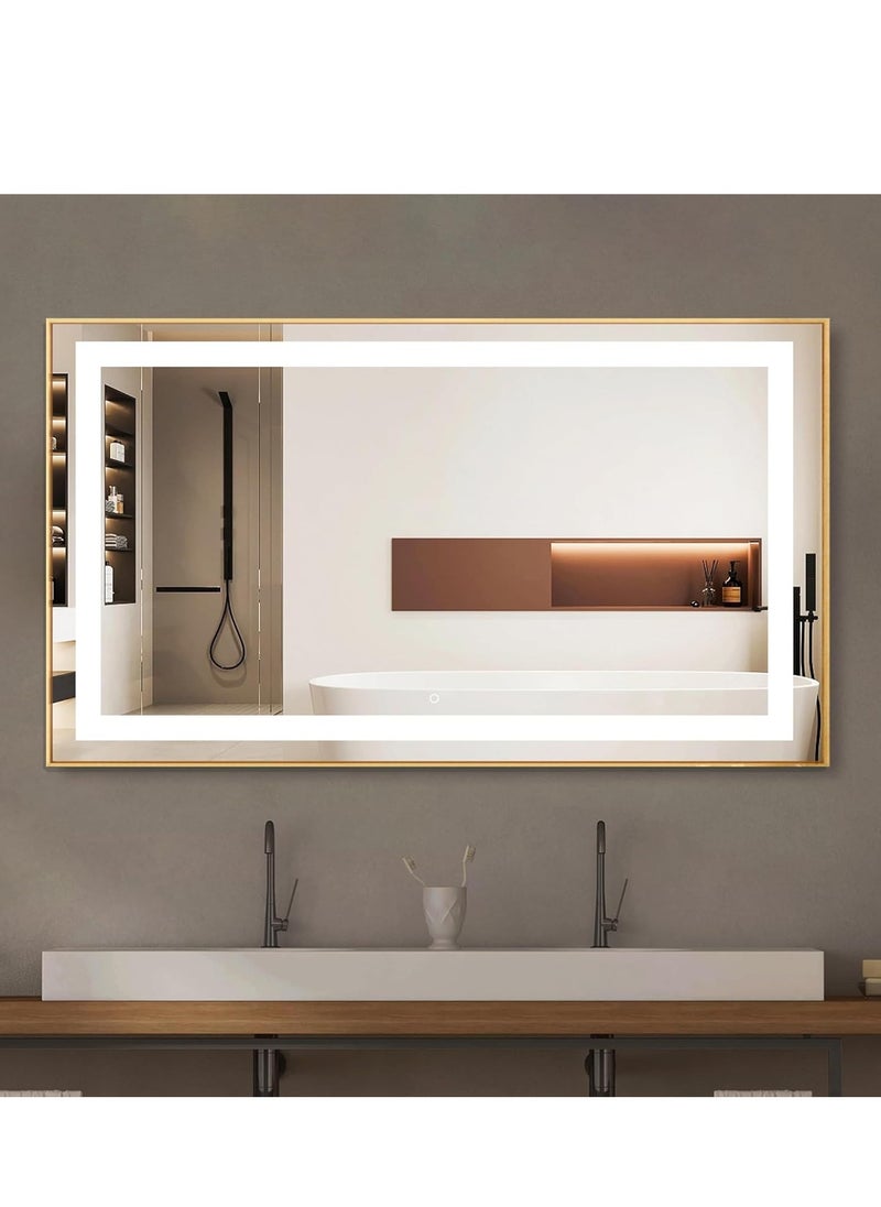 Framed LED Bathroom Mirror Dimmable Anti Fog Large Lighted Bathroom Mirrors - Wall Mounted Front Lit LED Vanity Mirror Gold Frame 3 LED Lights Mirror