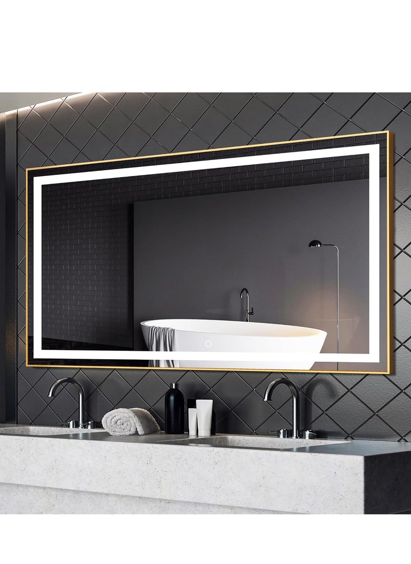 Framed LED Bathroom Mirror Dimmable Anti Fog Large Lighted Bathroom Mirrors - Wall Mounted Front Lit LED Vanity Mirror Gold Frame 3 LED Lights Mirror