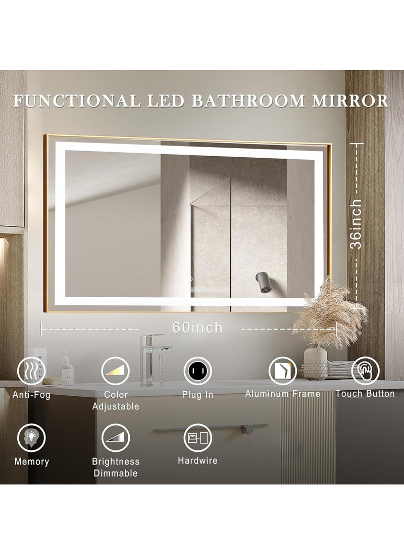 Framed LED Bathroom Mirror Dimmable Anti Fog Large Lighted Bathroom Mirrors - Wall Mounted Front Lit LED Vanity Mirror Gold Frame 3 LED Lights Mirror