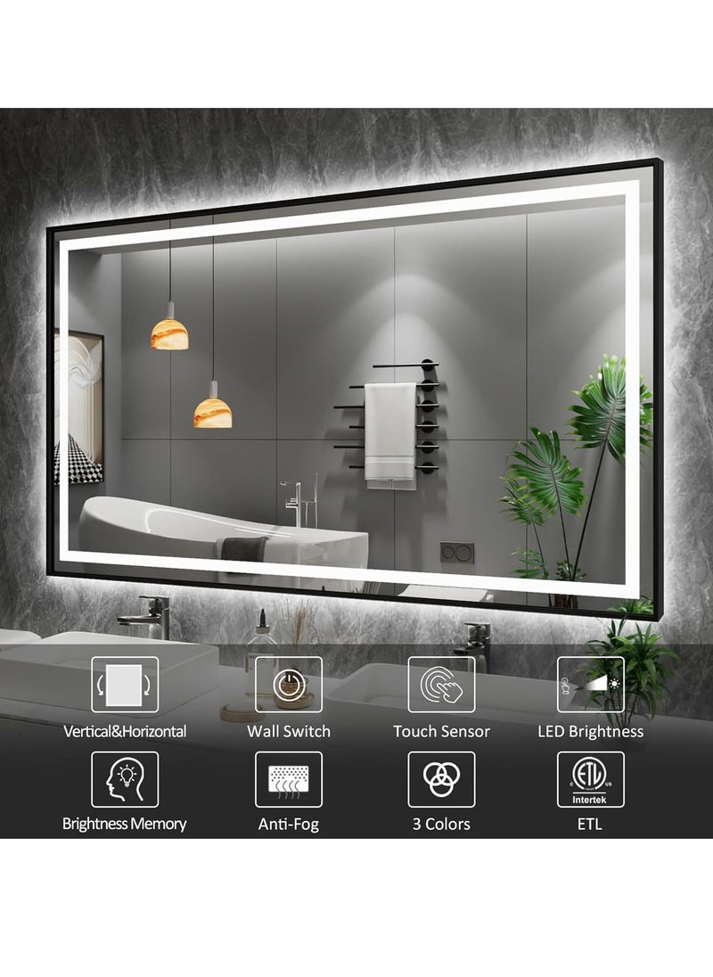 Framed LED Bathroom Mirror Dimmable Anti Fog Large Lighted Bathroom Mirrors - Wall Mounted Front Lit LED Vanity Mirror Gold Frame 3 LED Lights Mirror