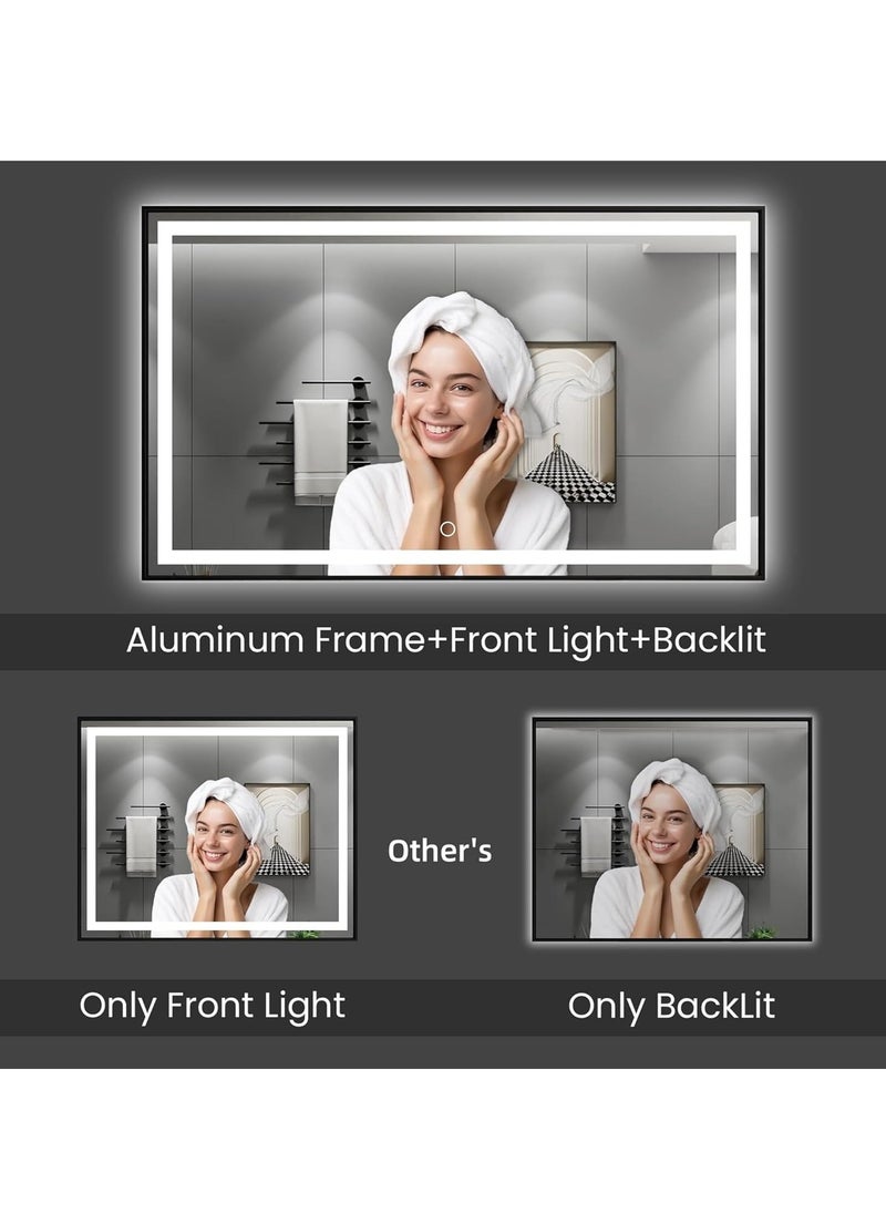 Framed LED Bathroom Mirror Dimmable Anti Fog Large Lighted Bathroom Mirrors - Wall Mounted Front Lit LED Vanity Mirror Gold Frame 3 LED Lights Mirror