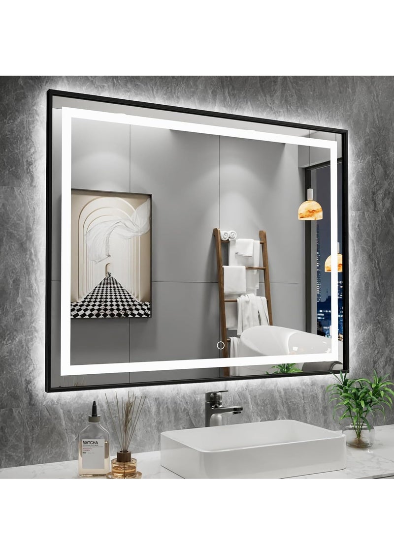 Framed LED Bathroom Mirror Dimmable Anti Fog Large Lighted Bathroom Mirrors - Wall Mounted Front Lit LED Vanity Mirror Gold Frame 3 LED Lights Mirror