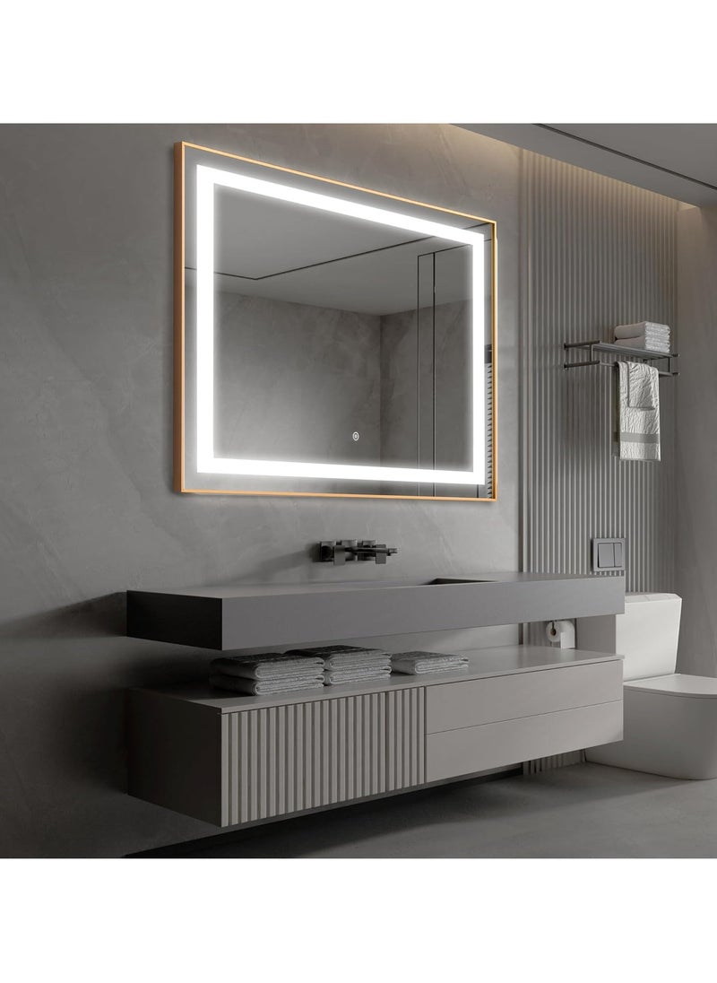 Framed LED Bathroom Mirror Dimmable Anti Fog Large Lighted Bathroom Mirrors - Wall Mounted Front Lit LED Vanity Mirror Gold Frame 3 LED Lights Mirror