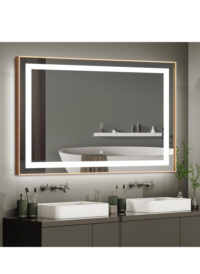 Framed LED Bathroom Mirror Dimmable Anti Fog Large Lighted Bathroom Mirrors - Wall Mounted Front Lit LED Vanity Mirror Gold Frame 3 LED Lights Mirror