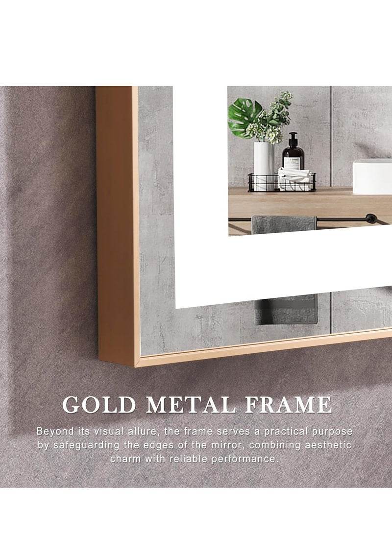 Framed LED Bathroom Mirror Dimmable Anti Fog Large Lighted Bathroom Mirrors - Wall Mounted Front Lit LED Vanity Mirror Gold Frame 3 LED Lights Mirror