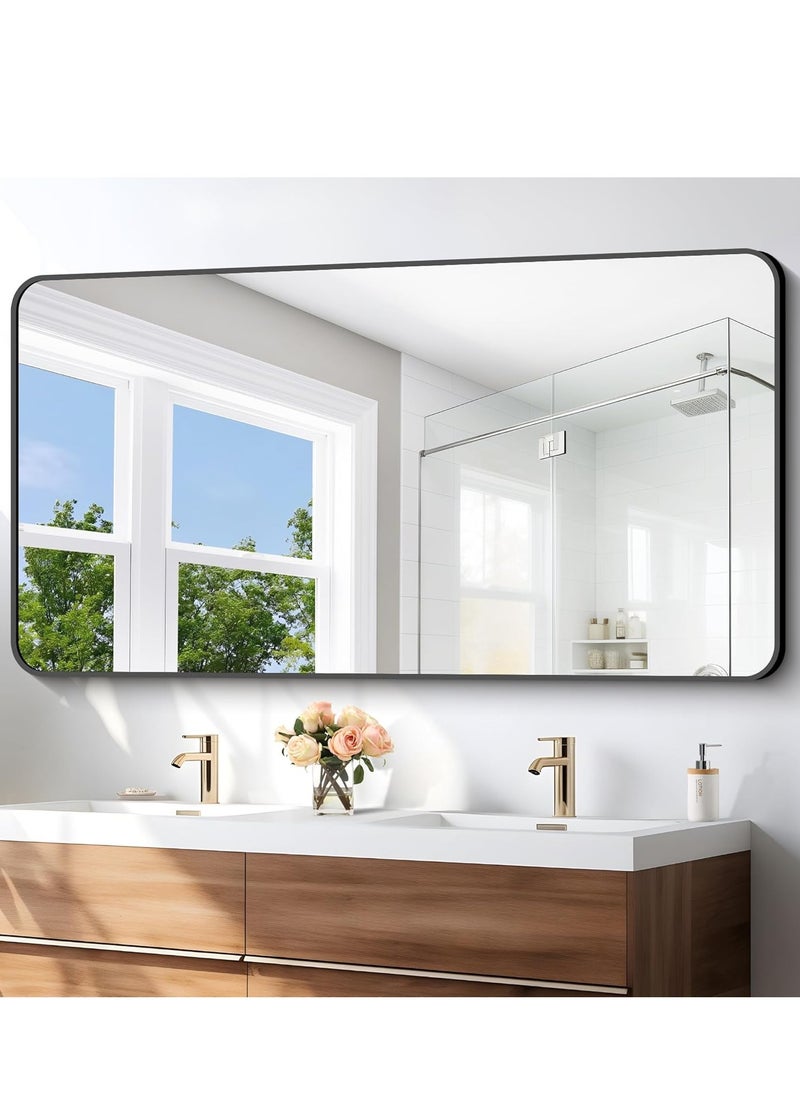 Bathroom Mirror,Black Rectangle Mirror,Wall Mounted Bathroom Frame Vanity Mirror with Square Corner for Bedroom Living Room, Entryway Hangs Horizontal