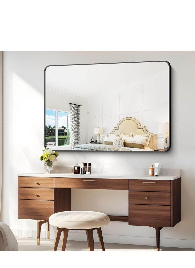 Bathroom Mirror,Black Rectangle Mirror,Wall Mounted Bathroom Frame Vanity Mirror with Square Corner for Bedroom Living Room, Entryway Hangs Horizontal