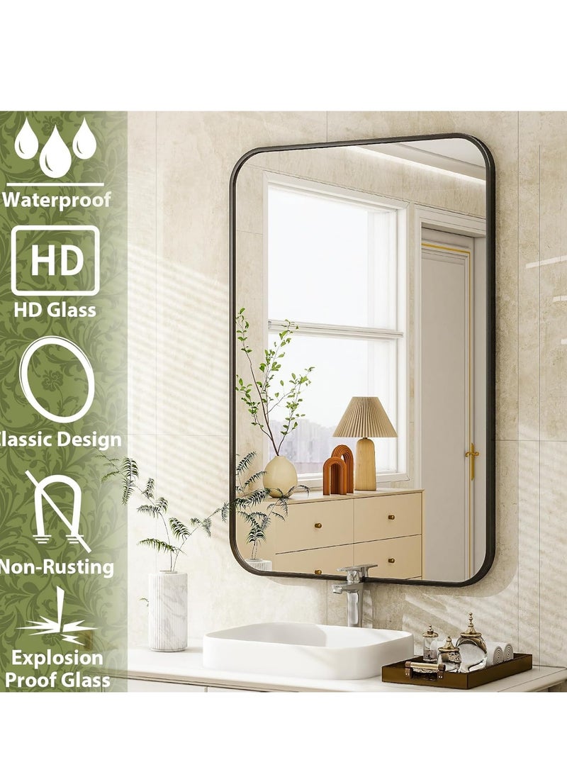 Bathroom Mirror 20 x 28 Inches, Black Wall Mirror Aluminum Frame Wall Mounted Rounded Corner Modern Mirror for Bathroom Bedroom Entryway Living Room