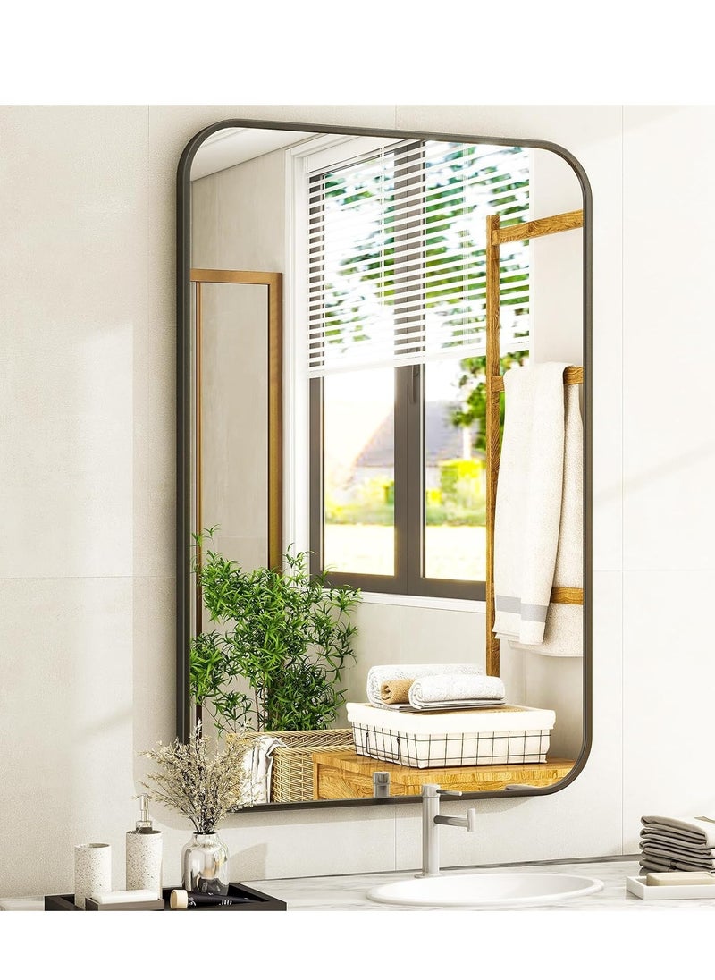 Bathroom Mirror 20 x 28 Inches, Black Wall Mirror Aluminum Frame Wall Mounted Rounded Corner Modern Mirror for Bathroom Bedroom Entryway Living Room