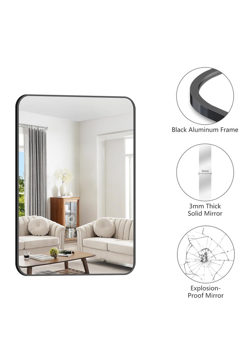 Bathroom Mirror 24 x 32 Inches, Black Wall Mirror Aluminum Frame Wall Mounted Rounded Corner Modern Mirror for Bathroom Bedroom Entryway Living Room