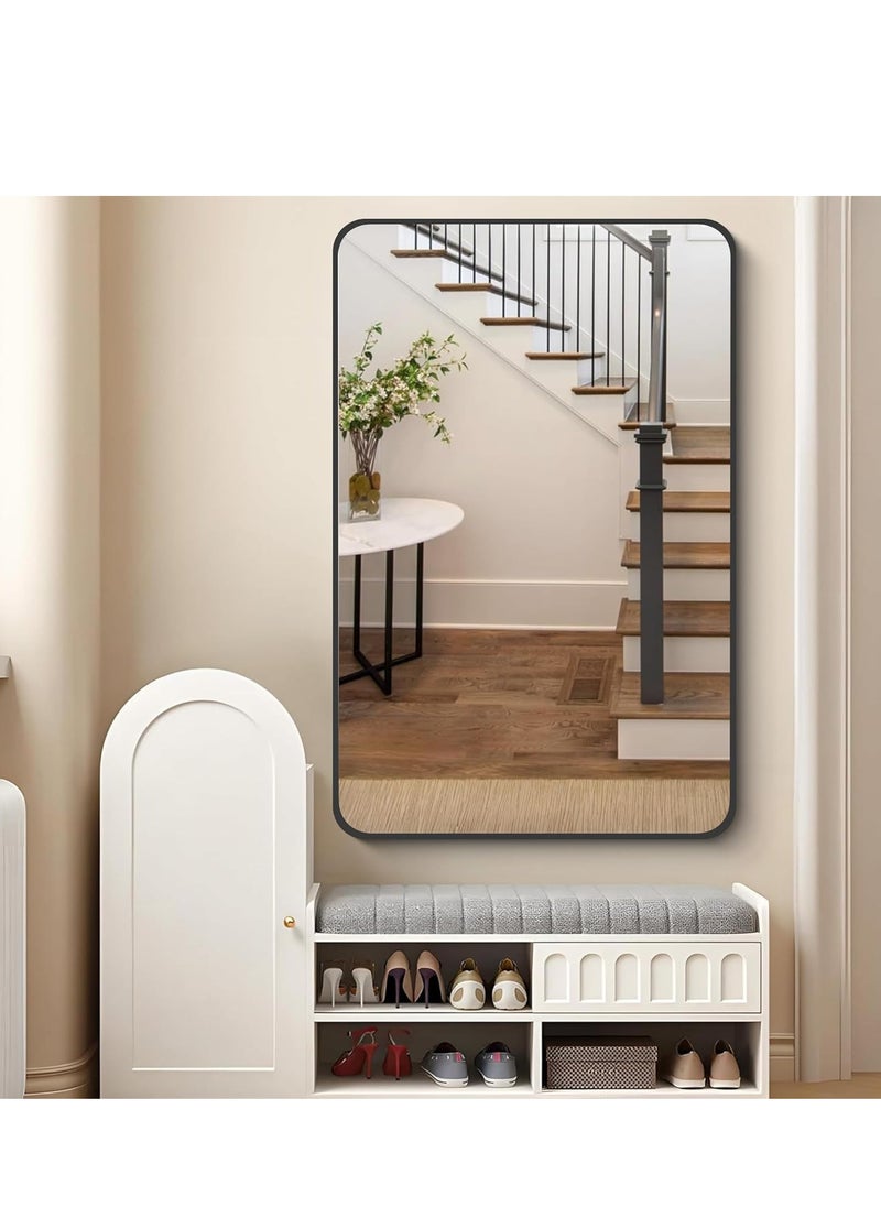 Bathroom Mirror 24 x 32 Inches, Black Wall Mirror Aluminum Frame Wall Mounted Rounded Corner Modern Mirror for Bathroom Bedroom Entryway Living Room