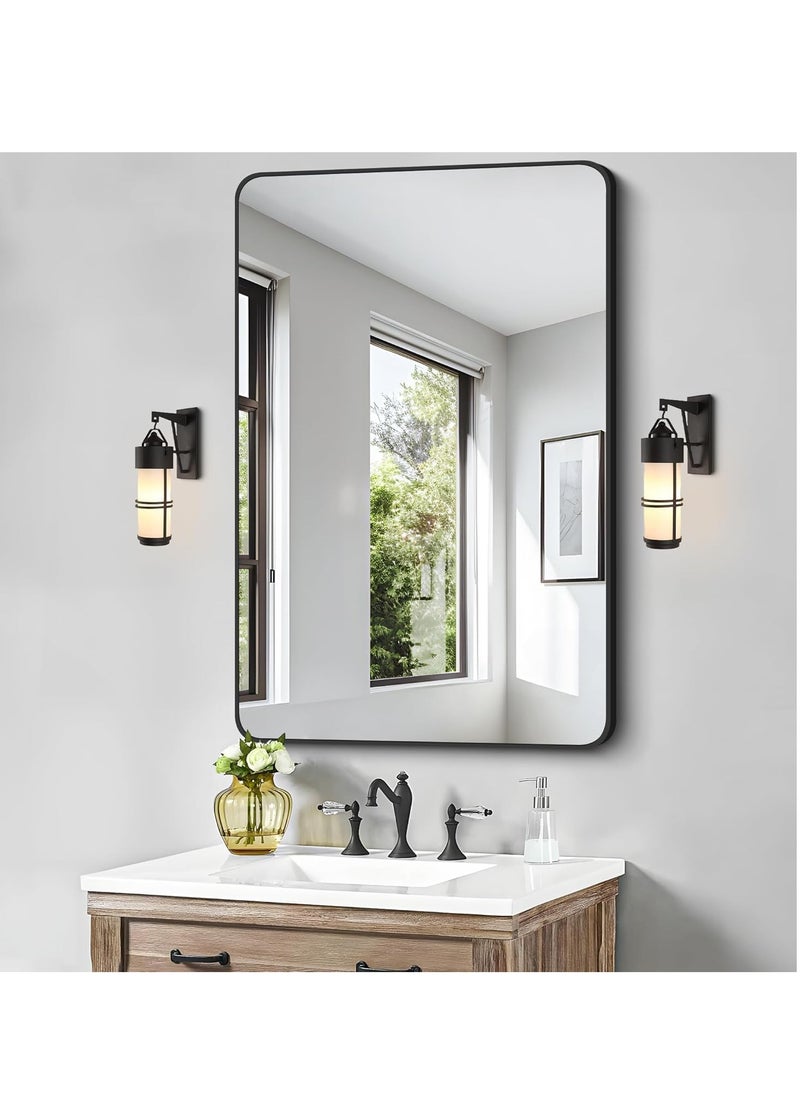 Bathroom Mirror 24 x 32 Inches, Black Wall Mirror Aluminum Frame Wall Mounted Rounded Corner Modern Mirror for Bathroom Bedroom Entryway Living Room