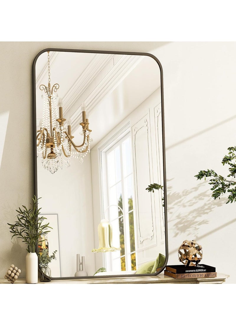 Bathroom Mirror 32 x 48 Inches, Black Wall Mirror Aluminum Frame Wall Mounted Rounded Corner Modern Mirror for Bathroom Bedroom Entryway Living Room