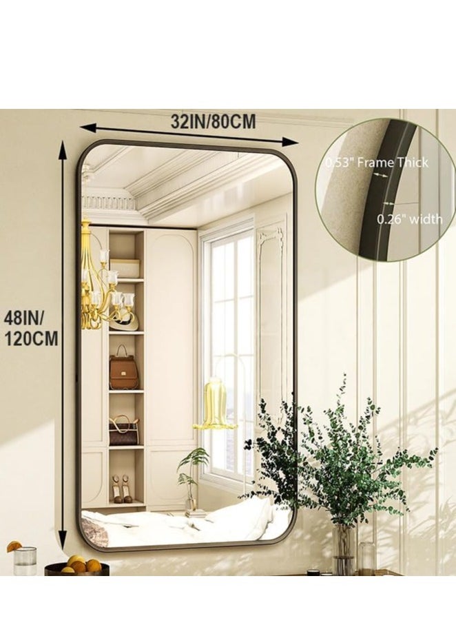 Bathroom Mirror 32 x 48 Inches, Black Wall Mirror Aluminum Frame Wall Mounted Rounded Corner Modern Mirror for Bathroom Bedroom Entryway Living Room