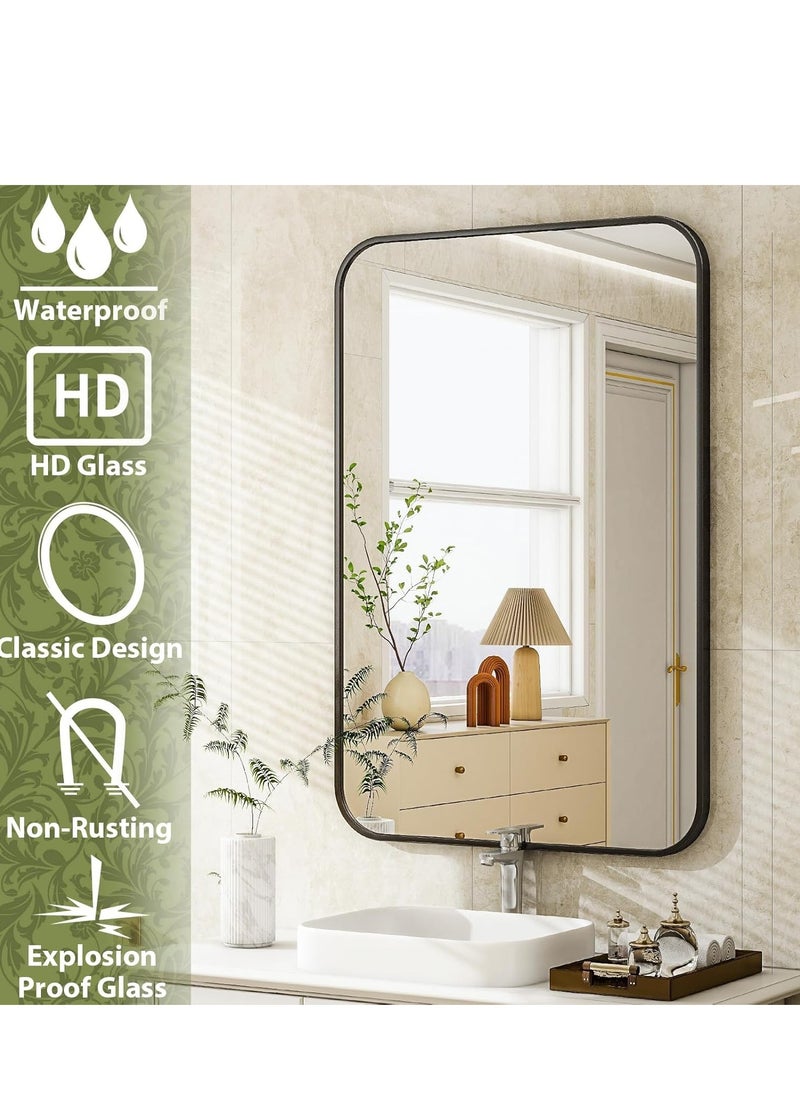 Bathroom Mirror 32 x 48 Inches, Black Wall Mirror Aluminum Frame Wall Mounted Rounded Corner Modern Mirror for Bathroom Bedroom Entryway Living Room