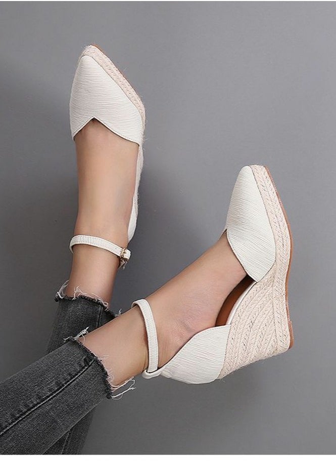 Women's Platform Espadrilles Wedge Sandals Ankle Strap Closed Pointed Toe Heeled Shoes Light Beige