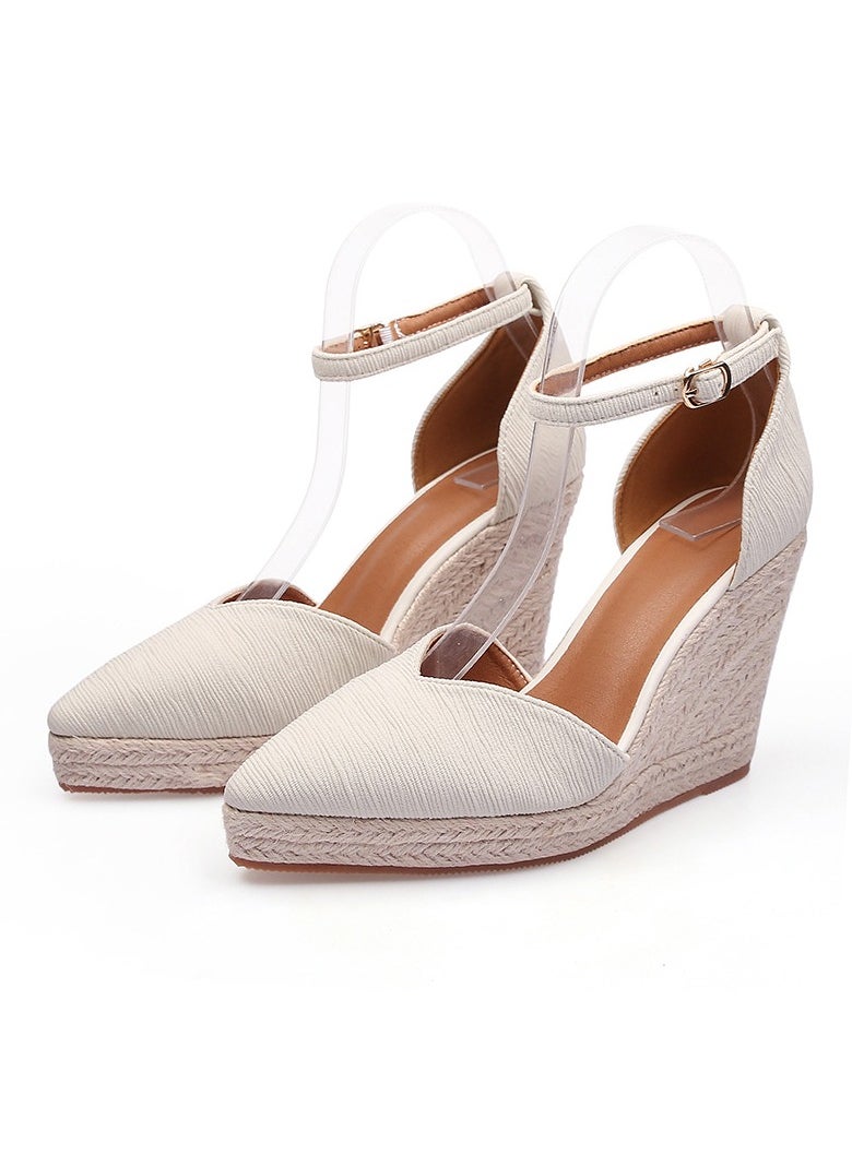 Women's Platform Espadrilles Wedge Sandals Ankle Strap Closed Pointed Toe Heeled Shoes Light Beige