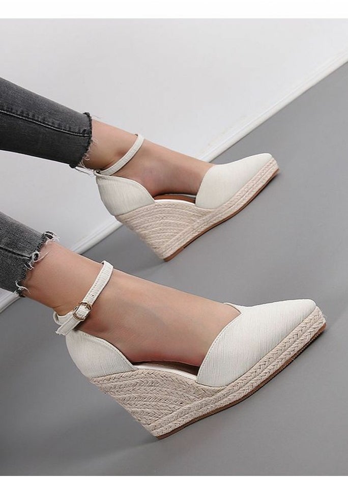 Women's Platform Espadrilles Wedge Sandals Ankle Strap Closed Pointed Toe Heeled Shoes Light Beige