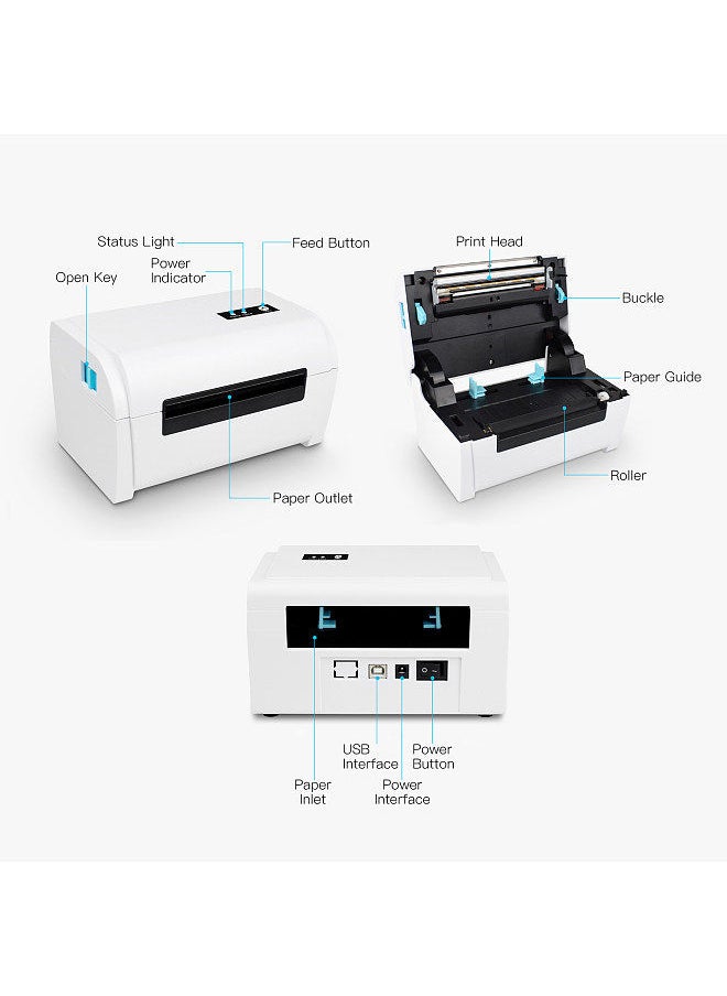 Thermal Label Printer High Speed Shipping Label Printer USB BT Connection Support 40-110mm Paper Width Compatible with Windows for Supermarket Store Restaurant Logistic