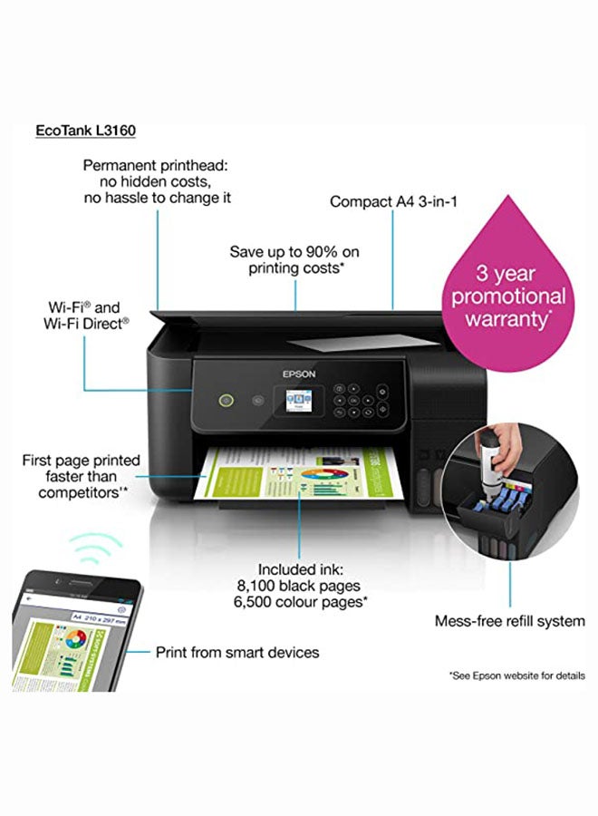 Ecotank Wi-Fi Compact All-In-One Printer Black-L3160