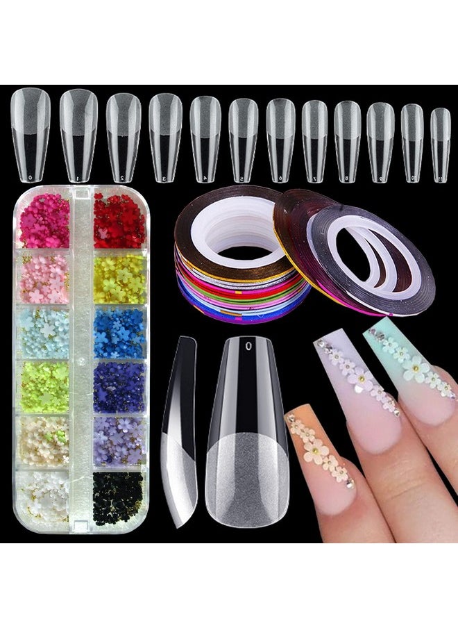 LoveOurHome Acrylic Nail Kit 600pc Gel X Nail Tips Clear Long Coffin Full Cover False Fake Nails with 3D Flower Nail Art Charms Accessories Holographic Striping Tape for Gel x Nail Extension