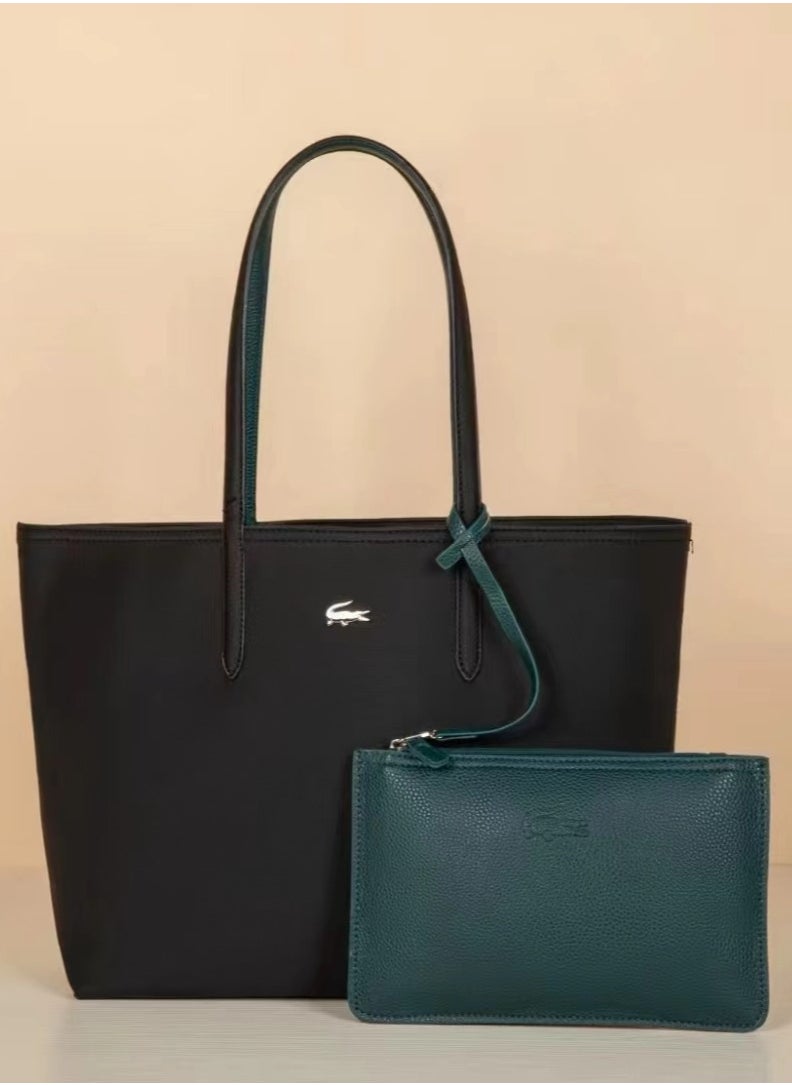 Lacoste Women's Anna Tote Bag Classic Large Capacity Reversible Bicolour Handbag, Black/Dark green