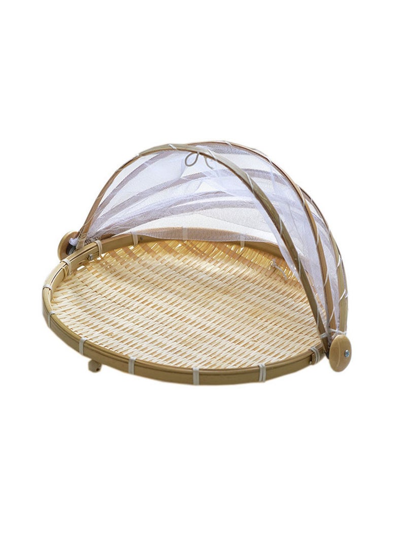 36*23cm Bamboo Vegetable Cover Round Single Buckle Stripe Medium, Mesh Screen Food Cover Tent Umbrella With Base, Mesh Food Cover To Prevent Flies, Bugs, Mosquitoes