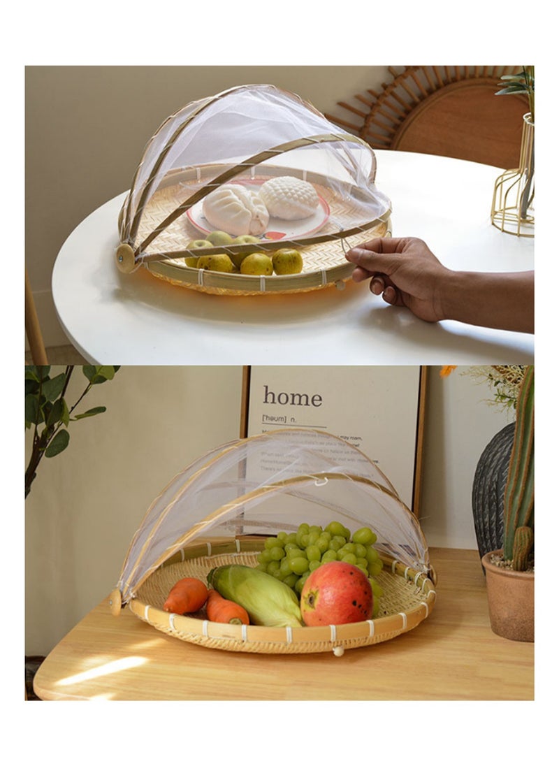 43*25cm Bamboo Vegetable Cover Round Single Buckle Stripe Large Size, Mesh Screen Food Cover Tent Umbrella With Base, Mesh Food Cover To Prevent Flies, Bugs, Mosquitoes