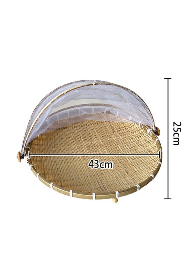 43*25cm Bamboo Vegetable Cover Round Single Buckle Stripe Large Size, Mesh Screen Food Cover Tent Umbrella With Base, Mesh Food Cover To Prevent Flies, Bugs, Mosquitoes