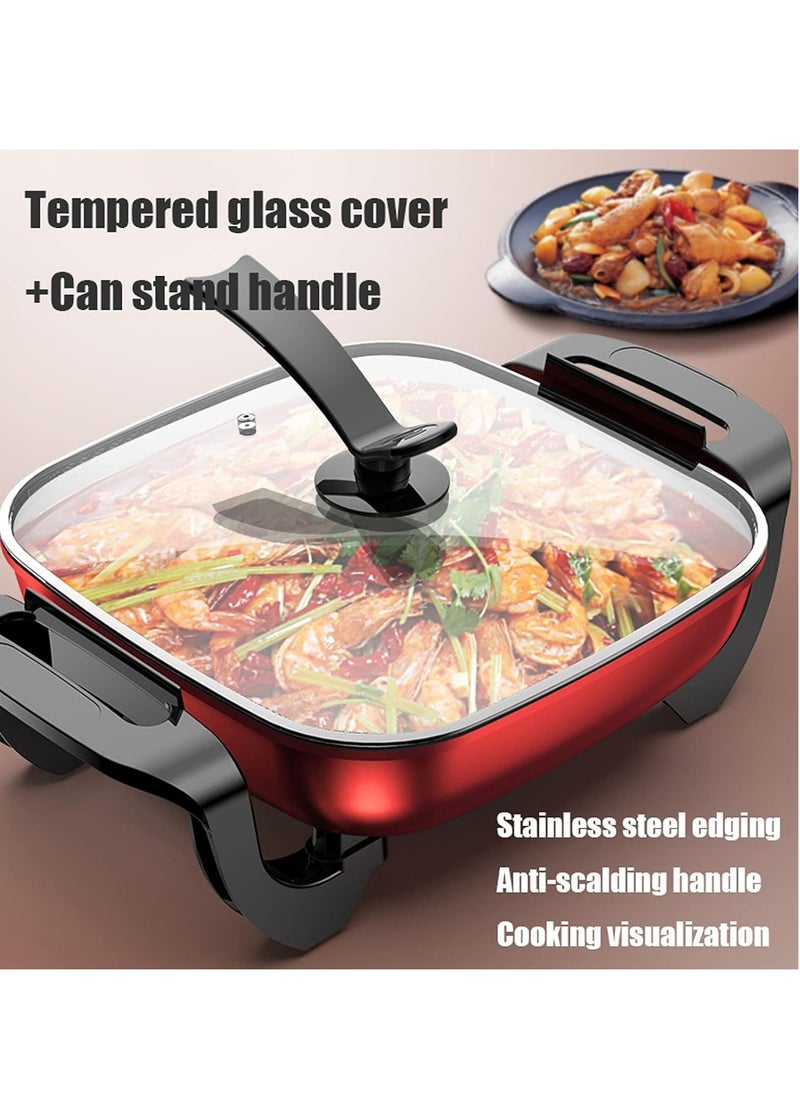 Red Square Electric Hot Pot with Transparent Lid – 30cm Width, 8cm Depth, 12.8cm Height, 43cm Length – Adjustable Temperature Control for Versatile Cooking